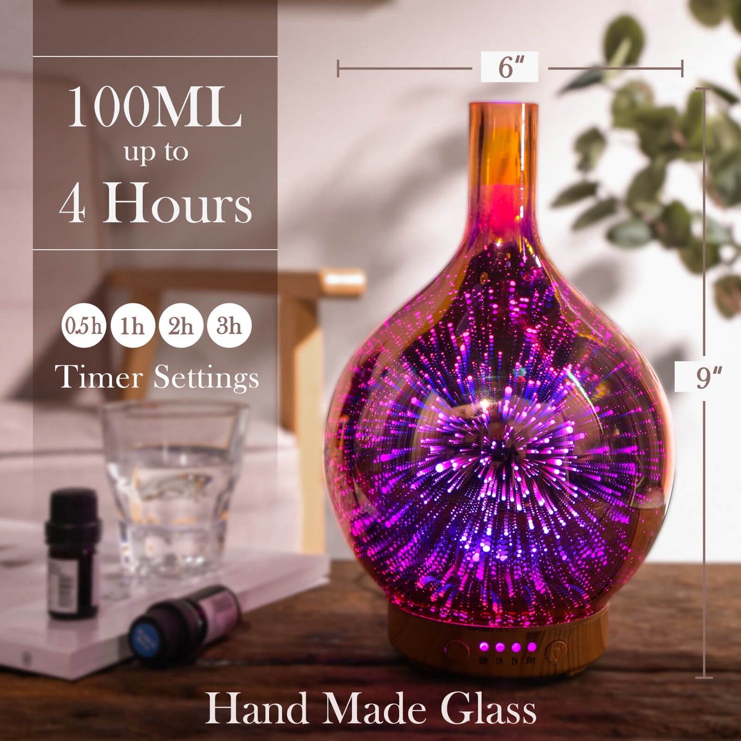 Rose Gold Essential Oil Diffuser 3D Glass Aromatherapy Ultrasonic Humidifier,Waterless Auto-Off,Timer Setting, BPA Free,Air Refresh for Home Hotel Yoga Leisure SPA Gift 100ml