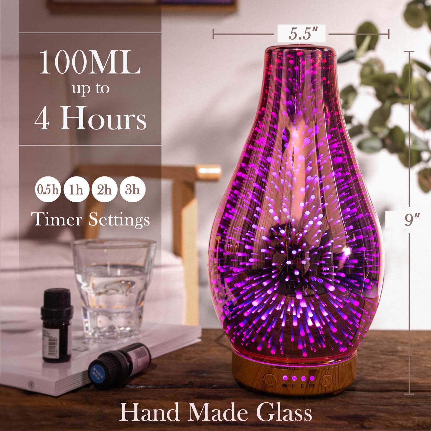 Porseme Rose Gold Essential Oil Diffuser,Aromatherapy Ultrasonic Cool Mist Humidifier, 3D Firework Effect,Waterless Auto-Off,Timer Setting,Elegant Aroma diffuser for home bedroom,study,office,yoga,spa