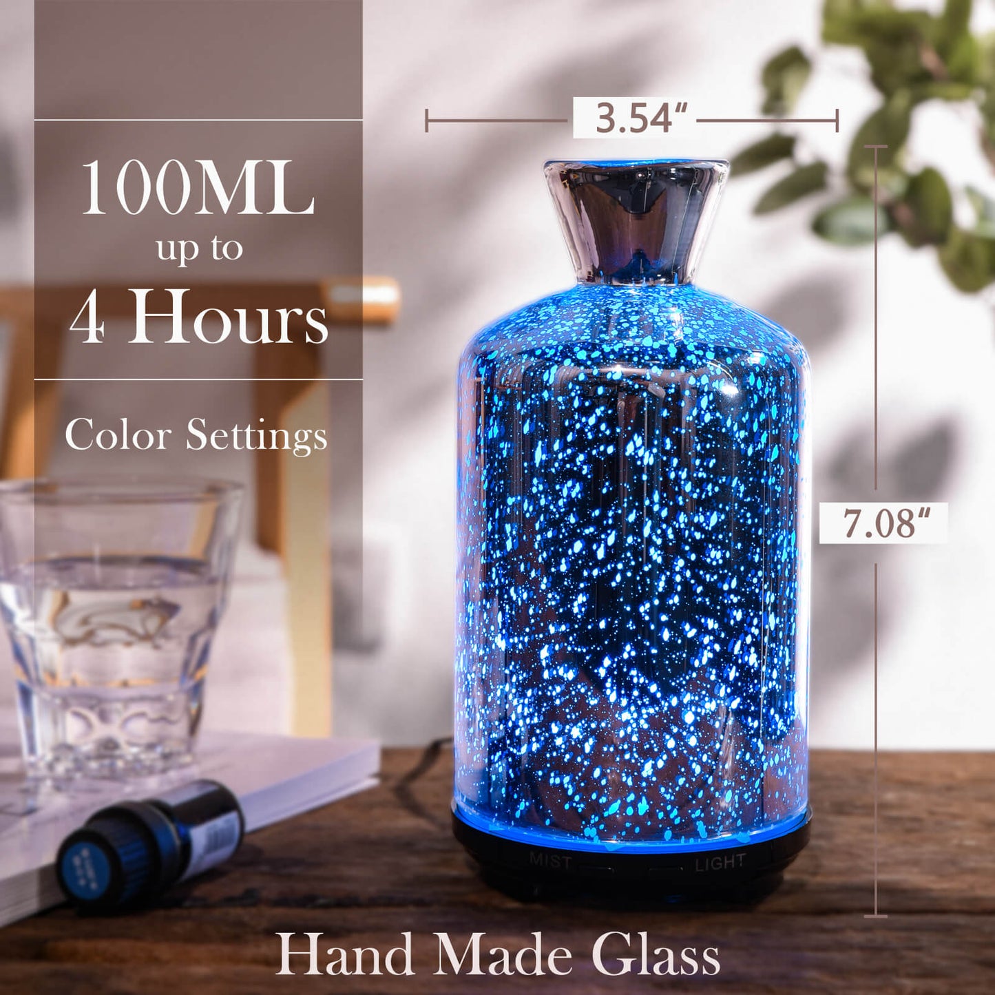 Essential Oil Diffuser Glass Aromatherapy Ultrasonic Humidifier, Auto Shut-Off BPA Free, Aroma Decoration for Home,Office,Gym,Spa,Premium Gift 100ML