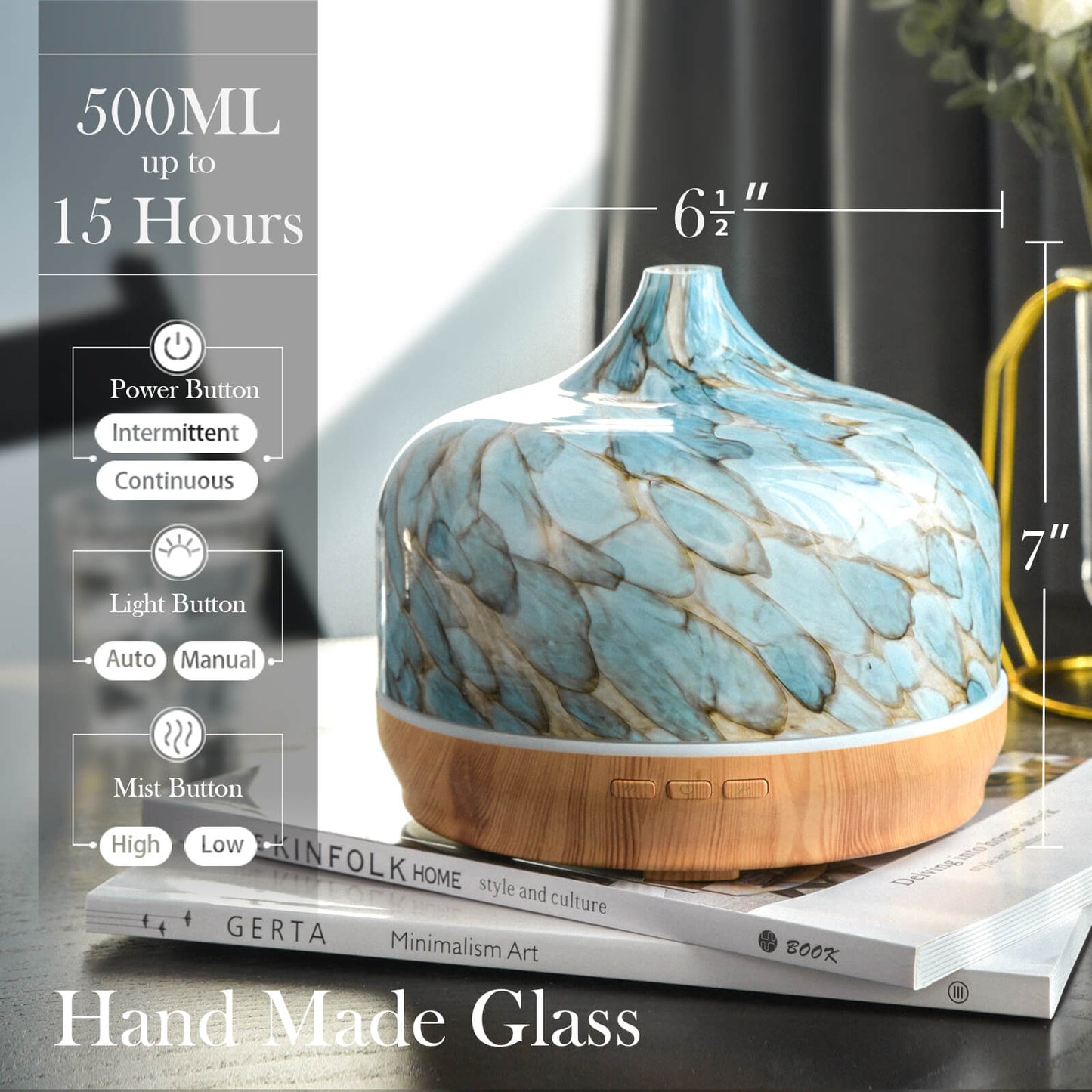 Porseme 500ml Glass Essential Oil Diffuser Aromatherapy Ultrasonic Cool Mist Humidifier 15-21 Running Hours Waterless Auto-Off Air Diffusers for Sleeping,Yoga,Office Working,Spa and Rest(Light Blue)