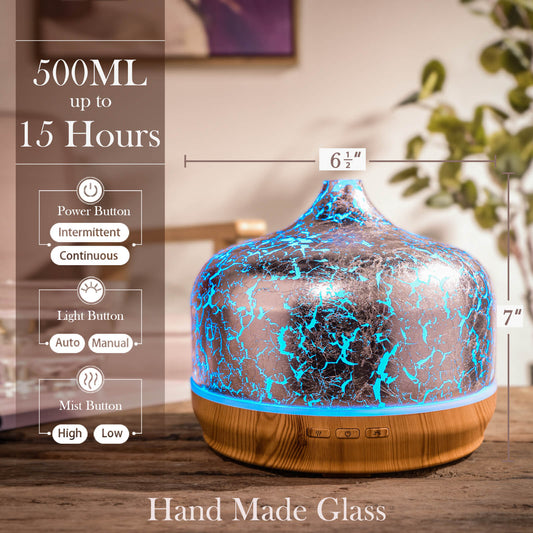 500ml Essential Oil Diffuser Silver Plated Glass Aromatherapy Ultrasonic Humidifier- Auto Shut-Off,Timer Setting, BPA Free for Home Hotel Yoga SPA Gift