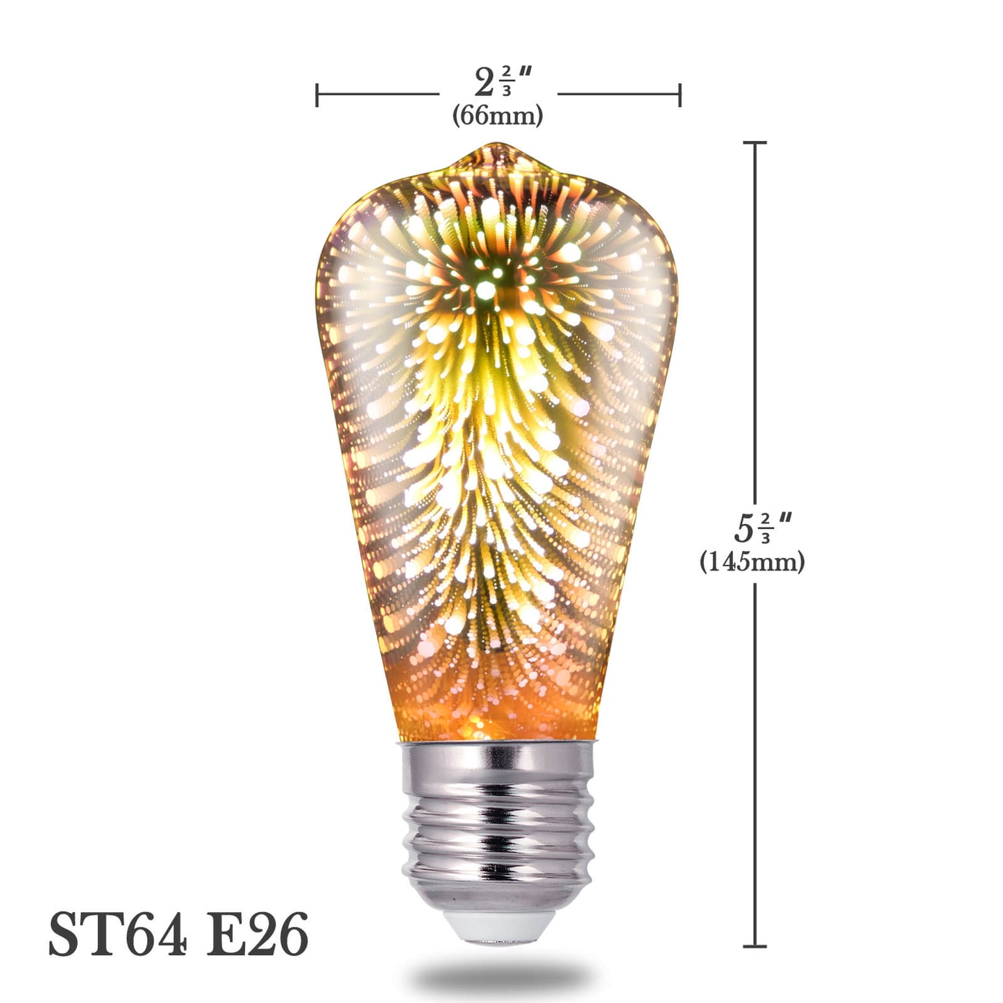 Porseme 3D Fireworks Decorative Light Bulb, E26 Base, 4W, AC100-240V, Glass bulbs with Soft Warm Light, Shiny Decor for Home, Bedroom, Party (Included 3-Pack ST64 Bulbs)