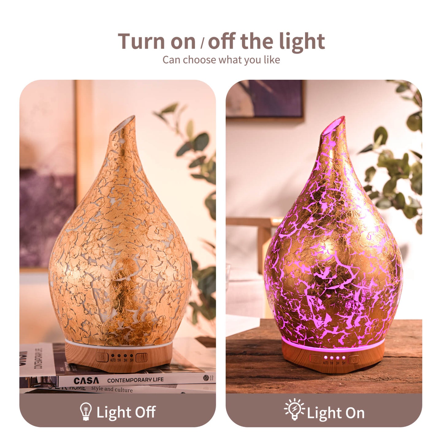 280ml Gold Plated Essential Oil Diffuser Glass Aromatherapy Ultrasonic Humidifier - Auto Shut-Off,Timer Setting, BPA Free for Home Hotel Yoga Leisure SPA Gift