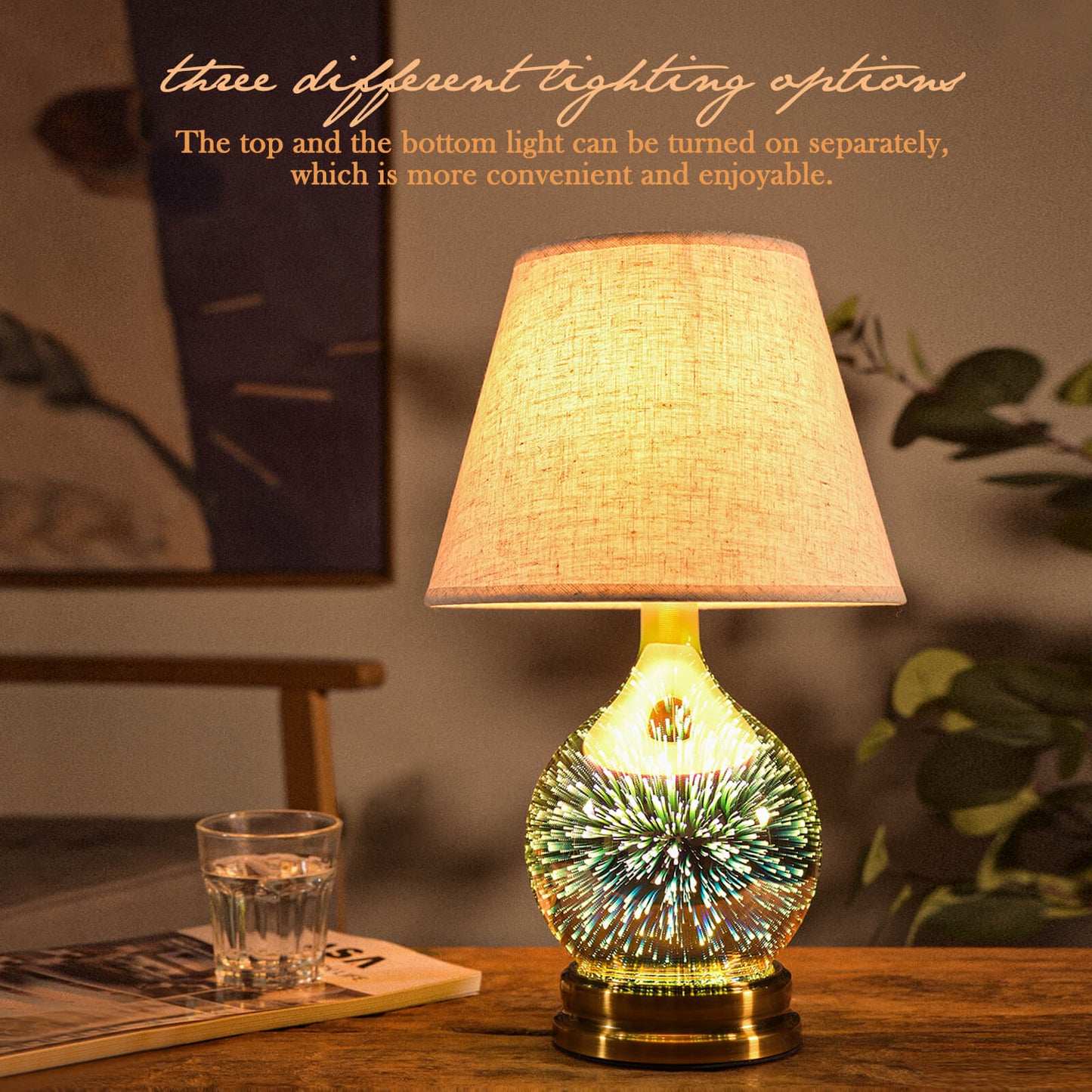 Table Lamp,Desk Lamp with Bulb Included - Modern Lamp with Unique Lampshade,Handmade 3D Effect Glass Base - Perfect for Table in Bedroom,Bedside,Living Room,Office (E12 LED Bulb Included)