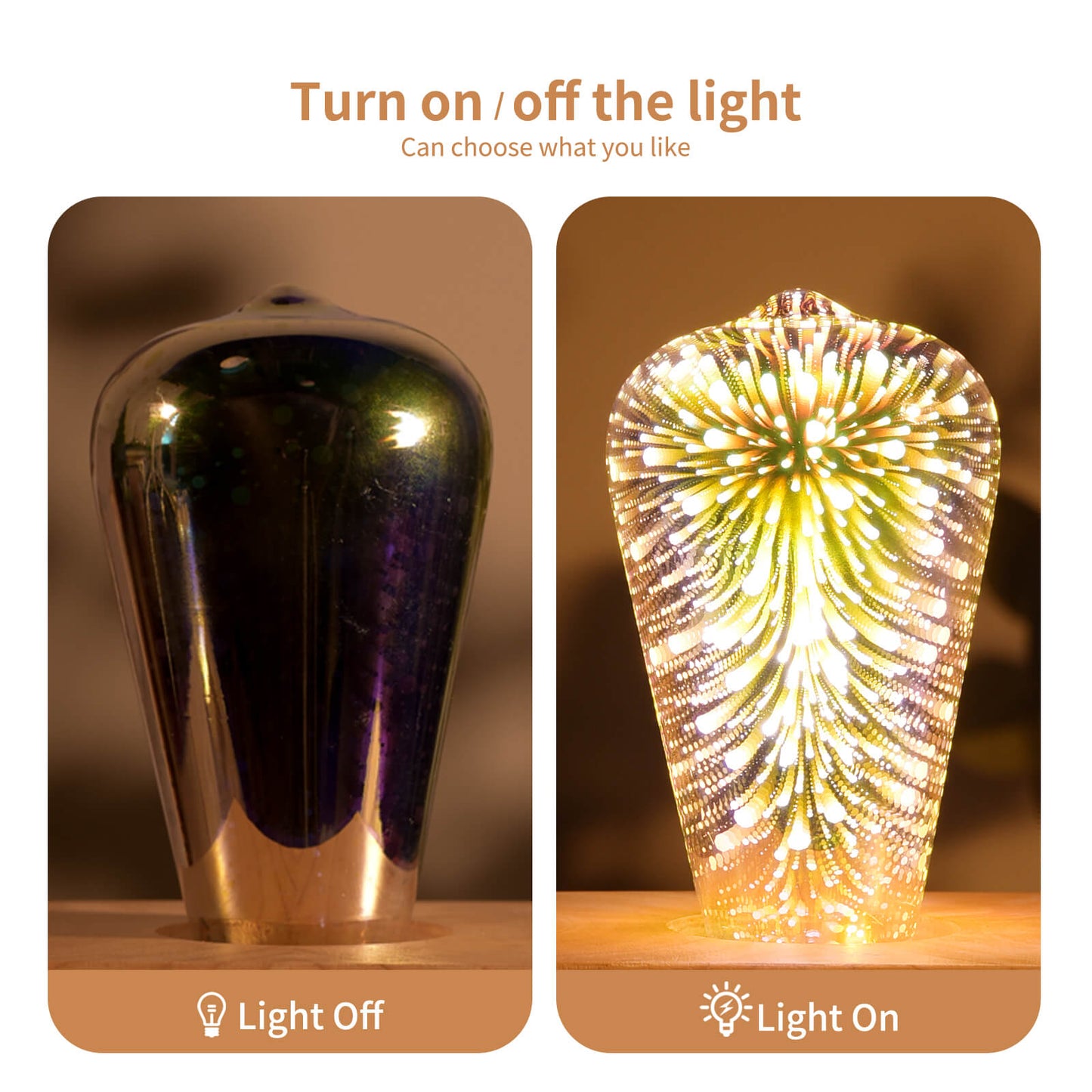 Porseme 3D Fireworks Decorative Light Bulb, E26 Base, 4W, AC100-240V, Glass bulbs with Soft Warm Light, Shiny Decor for Home, Bedroom, Party (Included 3-Pack ST64 Bulbs)