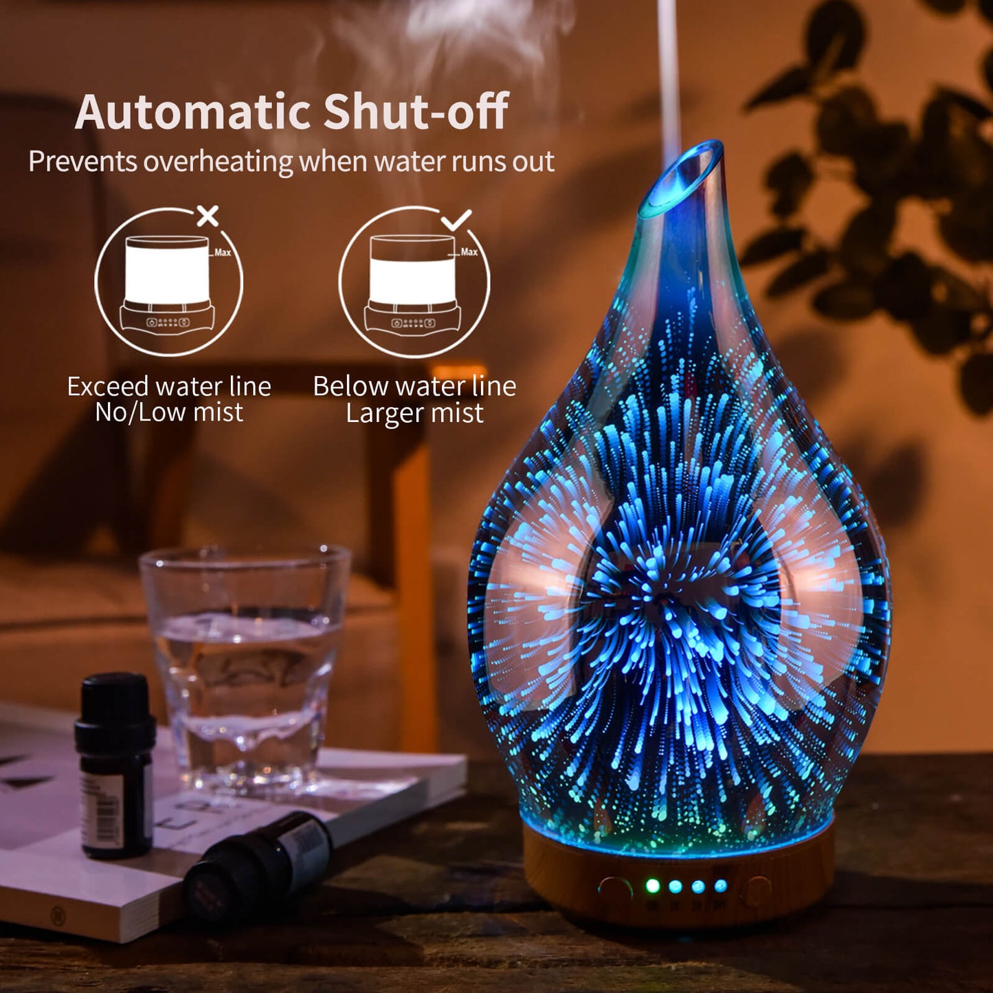 Porseme Essential Oil Diffuser 3D Glass Aromatherapy Ultrasonic Humidifier, Air Refresh Auto Shut-Off, Timer Setting, BPA Free for Home Hotel Yoga Leisure SPA Gift 100ml Last 4H