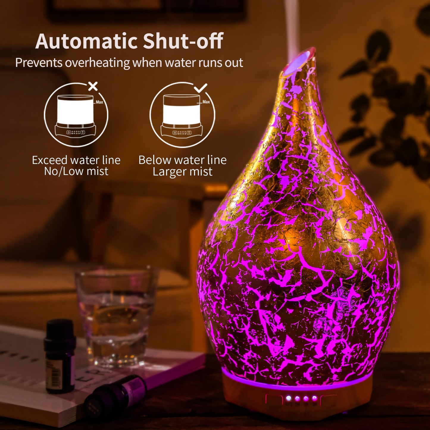 280ml Gold Plated Essential Oil Diffuser Glass Aromatherapy Ultrasonic Humidifier - Auto Shut-Off,Timer Setting, BPA Free for Home Hotel Yoga Leisure SPA Gift