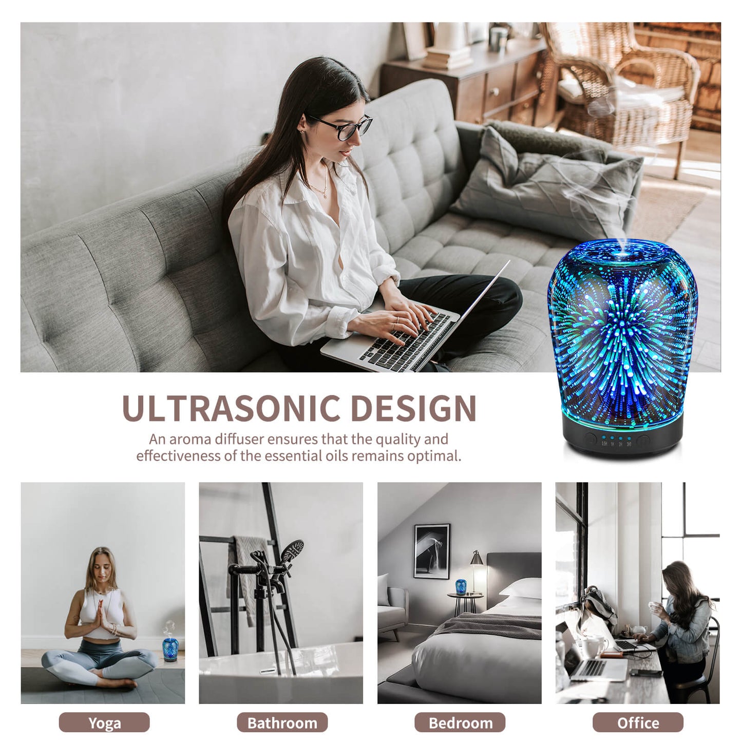 Porseme Essential Oil Diffuser, Aromatherapy Ultrasonic Cool Mist Humidifier, 3D Effect Glass, Auto Shut-Off, Timer Setting,100ml Aroma Decoration for Home, Office, Gym, Spa, Premium Gift