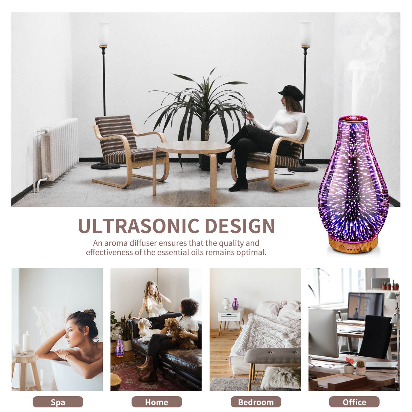 Porseme Rose Gold Essential Oil Diffuser,Aromatherapy Ultrasonic Cool Mist Humidifier, 3D Firework Effect,Waterless Auto-Off,Timer Setting,Elegant Aroma diffuser for home bedroom,study,office,yoga,spa