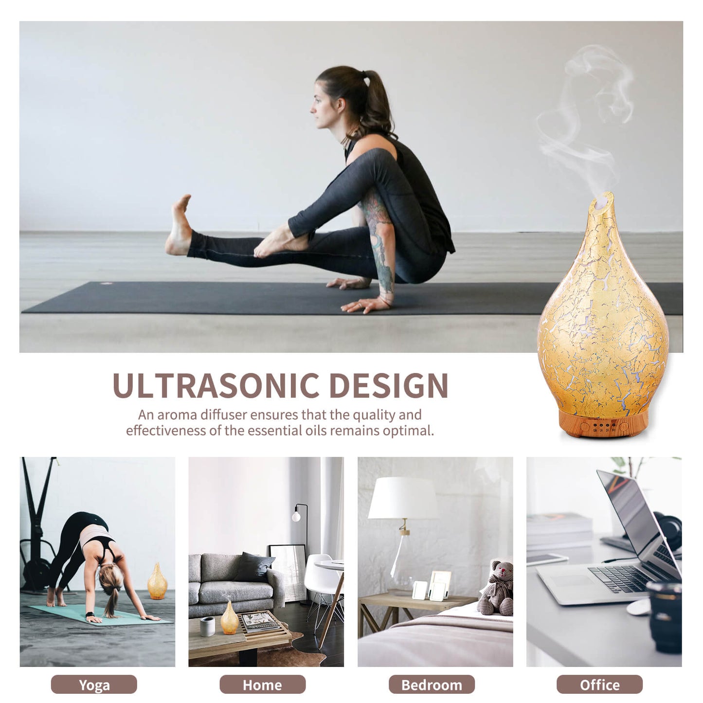 Essential Oil Diffuser Aromatherapy Diffusers for Therapeutic Oils - Ultrasonic Vase Cover & Elegant Gold Color- Air Humidifier for Sleep,Work,Study,Read,Yoga,Spa