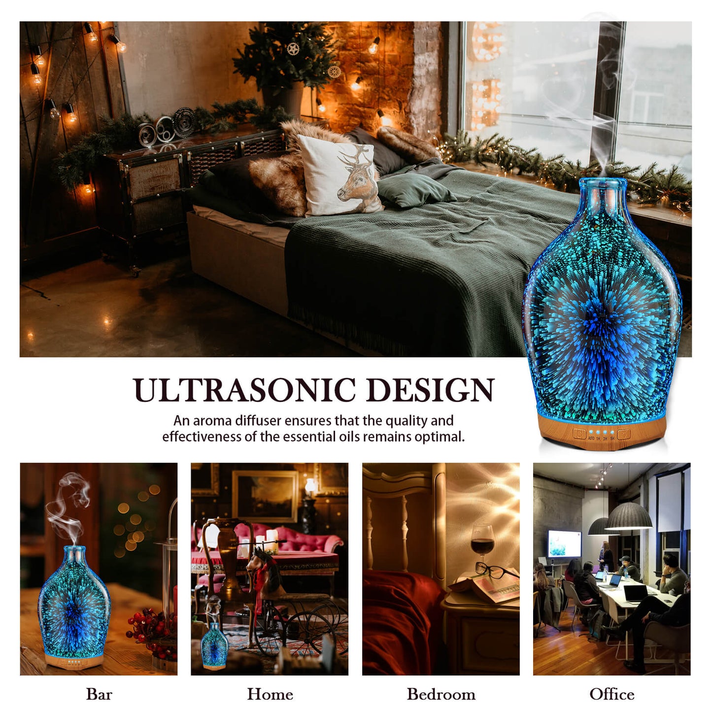 280ml Essential Oil Diffuser 3D Glass Aromatherapy Ultrasonic Humidifier - Auto Shut-Off,Timer Setting, BPA Free for Home Hotel Yoga Leisure SPA Gift