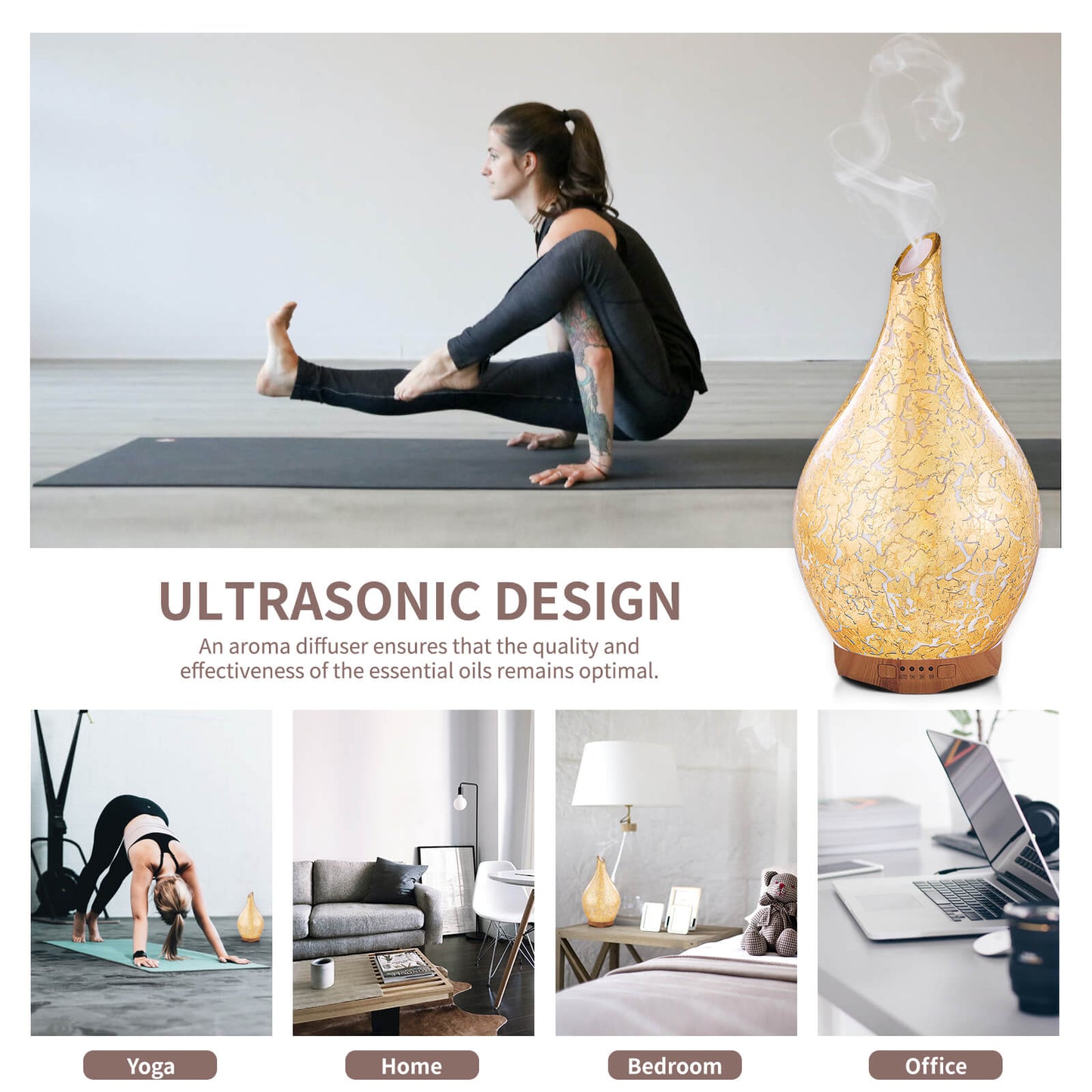 280ml Gold Plated Essential Oil Diffuser Glass Aromatherapy Ultrasonic Humidifier - Auto Shut-Off,Timer Setting, BPA Free for Home Hotel Yoga Leisure SPA Gift