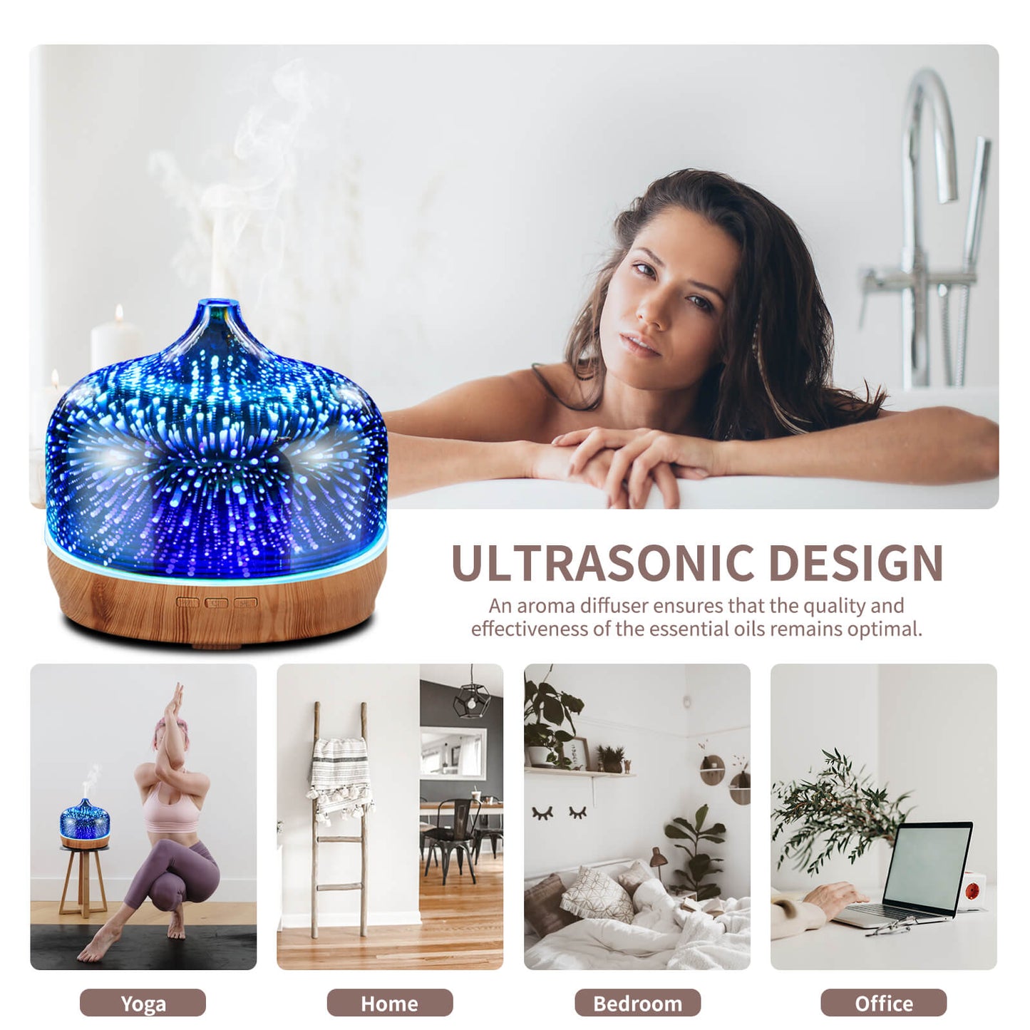 500ml Essential Oil Diffuser 3D Glass Aromatherapy Ultrasonic Humidifier - Auto Shut-Off,Timer Setting, BPA Free for Home Hotel Yoga SPA Gift