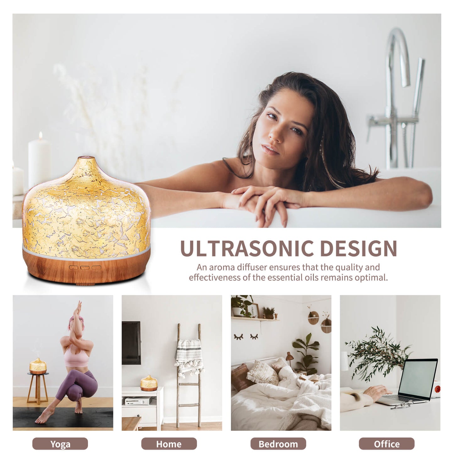 500ml Essential Oil Diffuser Gold Plated Glass Aromatherapy Ultrasonic Humidifier -Auto Shut-Off,Timer Setting, BPA Free for Home Hotel Yoga SPA Gift