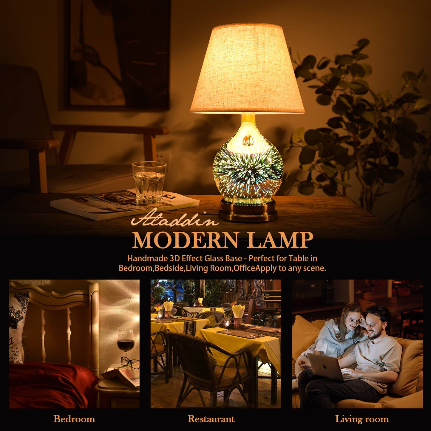 Table Lamp,Desk Lamp with Bulb Included - Modern Lamp with Unique Lampshade,Handmade 3D Effect Glass Base - Perfect for Table in Bedroom,Bedside,Living Room,Office (E12 LED Bulb Included)