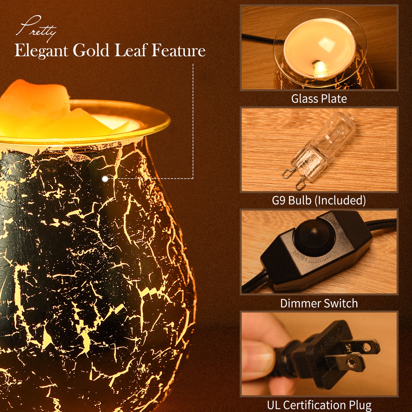 Porseme Electric Wax Warmer Gold Leaf Feature Candle Wax Melter Fragrance Oil Warmer with Dimmer Option Scented Wax Burner for Home Office Bedroom Living Room Gifts & Decor
