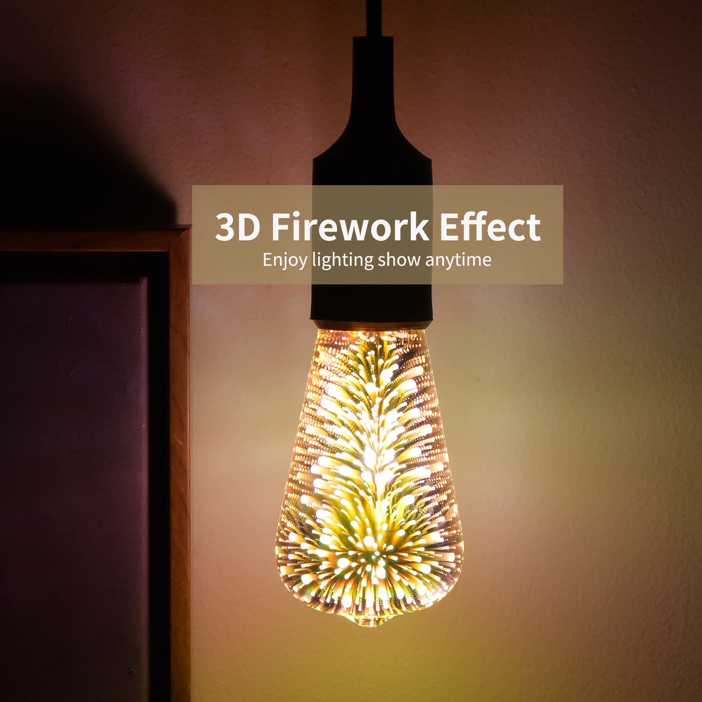 Porseme 3D Fireworks Decorative Light Bulb, E26 Base, 4W, AC100-240V, Glass bulbs with Soft Warm Light, Shiny Decor for Home, Bedroom, Party (Included 3-Pack ST64 Bulbs)