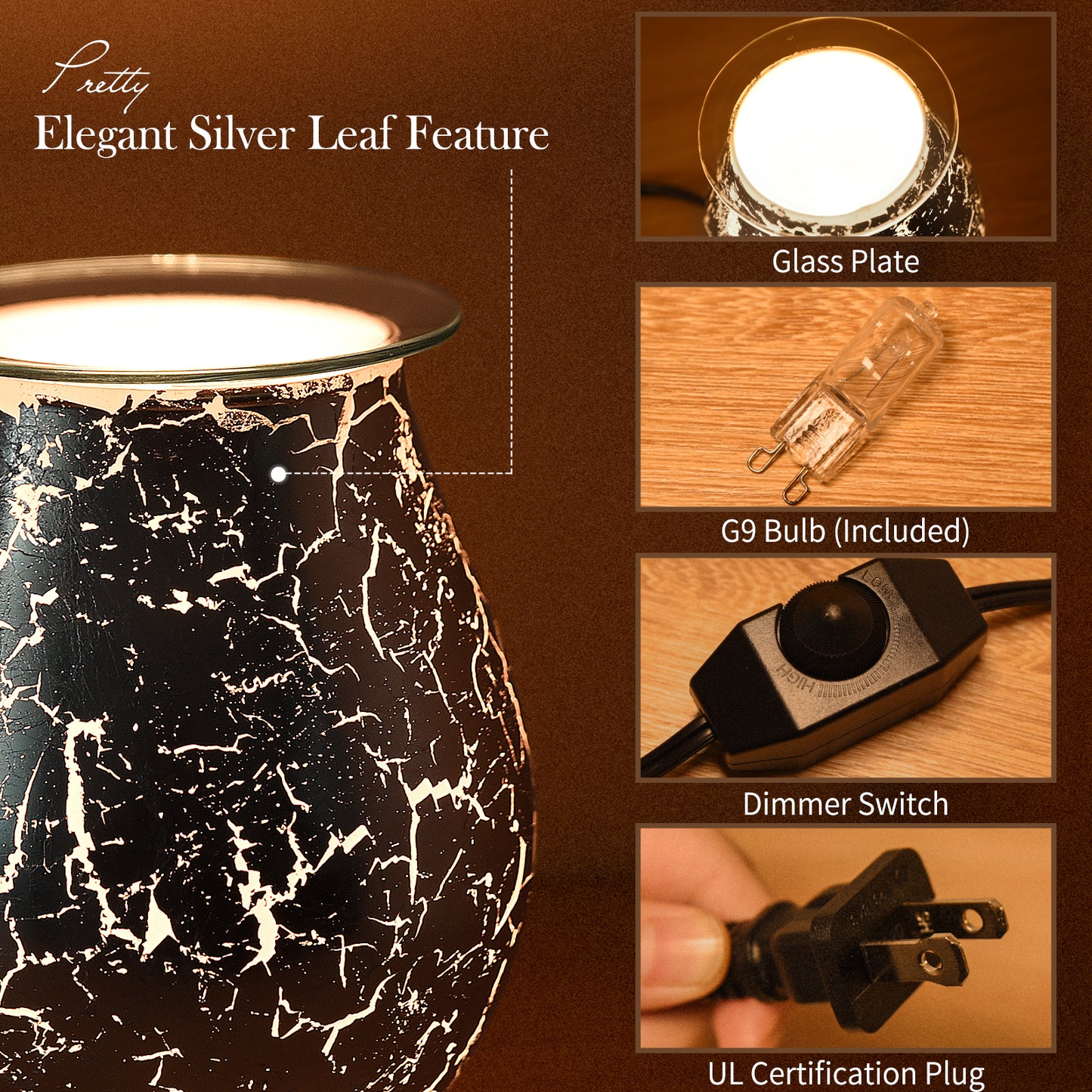 Porseme Electric Wax Warmer Silver Leaf Feature Candle Wax Melter Fragrance Oil Warmer with Dimmer Option Scented Wax Burner for Home Office Bedroom Living Room Gifts & Decor