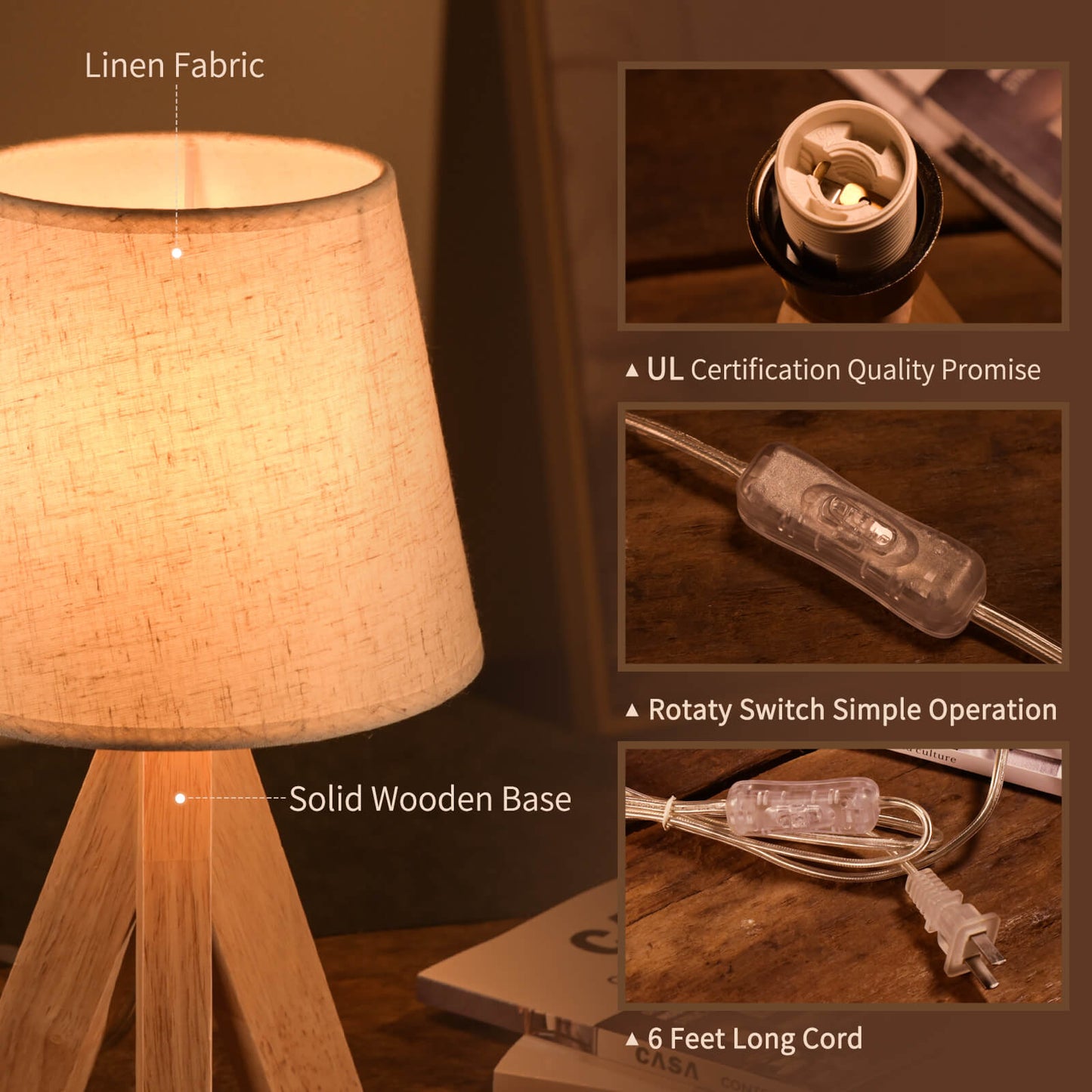 Porseme Table Lamp Wooden Tripod Nightstand Lamp with Linen Shade Desk Lamp for Home (E12 LED Bulb Included)