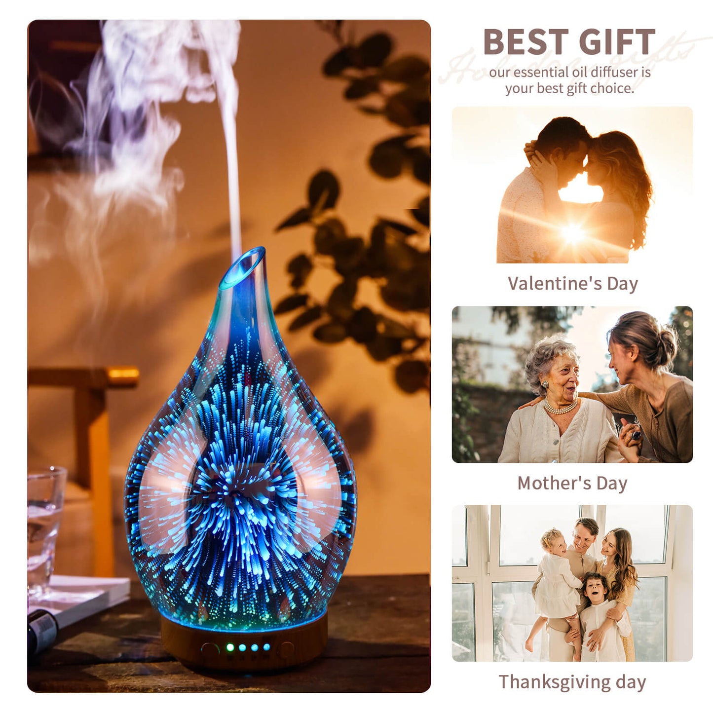 Porseme Essential Oil Diffuser 3D Glass Aromatherapy Ultrasonic Humidifier, Air Refresh Auto Shut-Off, Timer Setting, BPA Free for Home Hotel Yoga Leisure SPA Gift 100ml Last 4H