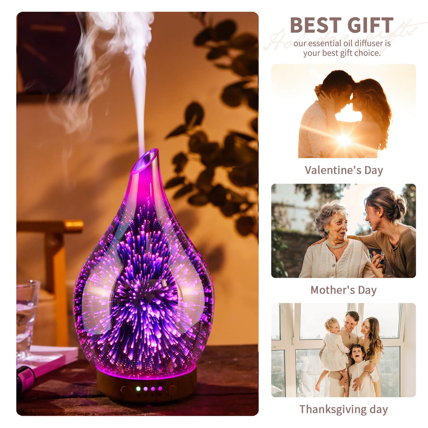 Essential Oil Diffuser 3D Firework Glass Aromatherapy Ultrasonic Humidifier Rose Gold, Auto Shut-Off,Timer Setting, BPA Free, Aroma Decoration for Home,Office,Gym,Spa,Premium Gift 100ML