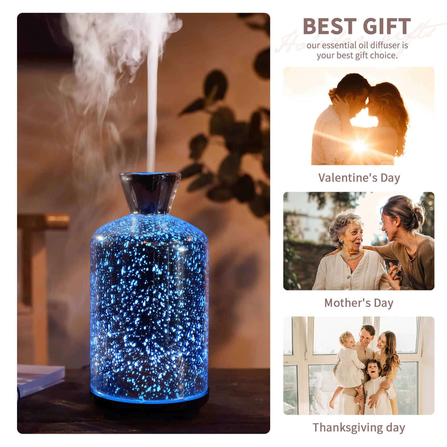Essential Oil Diffuser Glass Aromatherapy Ultrasonic Humidifier, Auto Shut-Off BPA Free, Aroma Decoration for Home,Office,Gym,Spa,Premium Gift 100ML