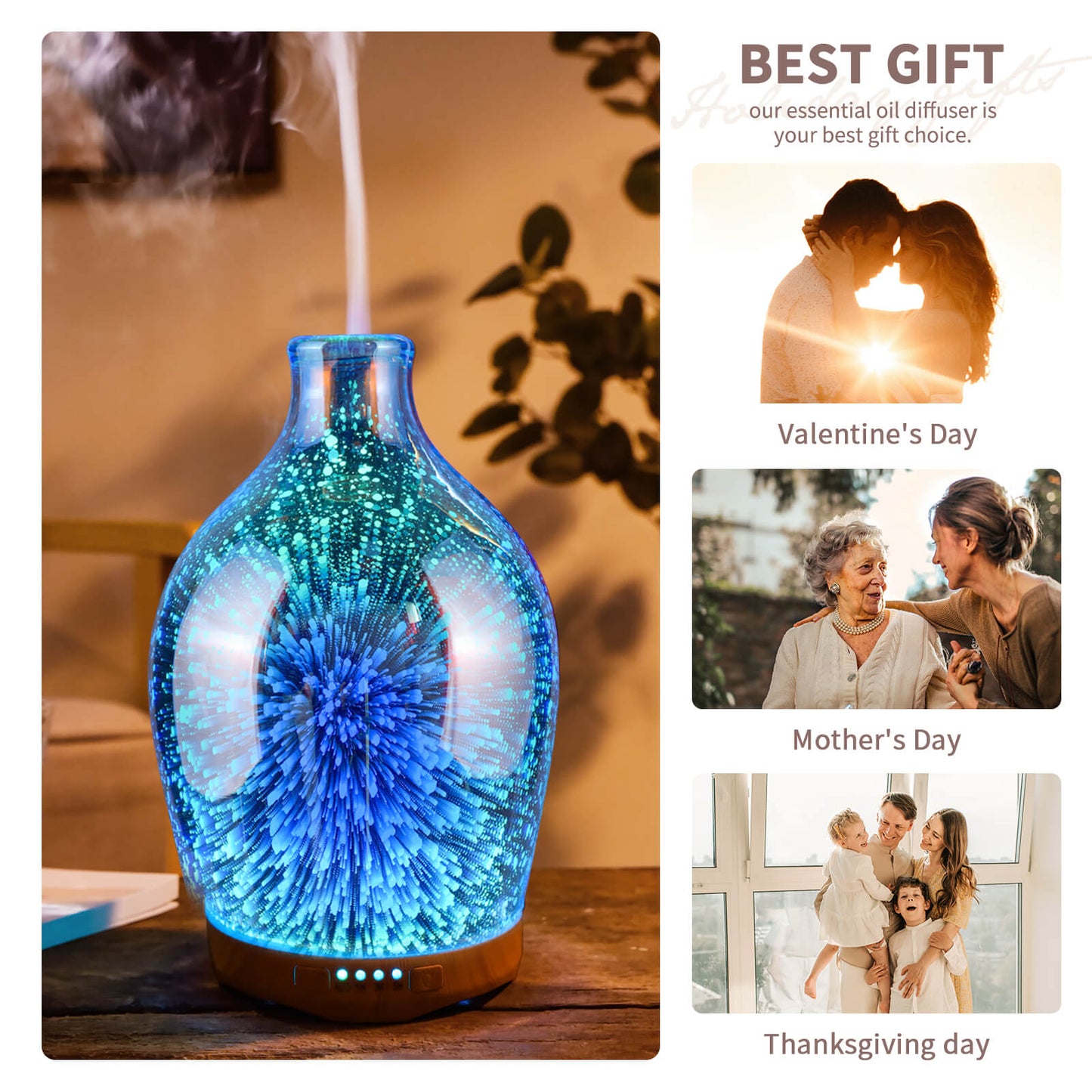 280ml Essential Oil Diffuser 3D Glass Aromatherapy Ultrasonic Humidifier - Auto Shut-Off,Timer Setting, BPA Free for Home Hotel Yoga Leisure SPA Gift