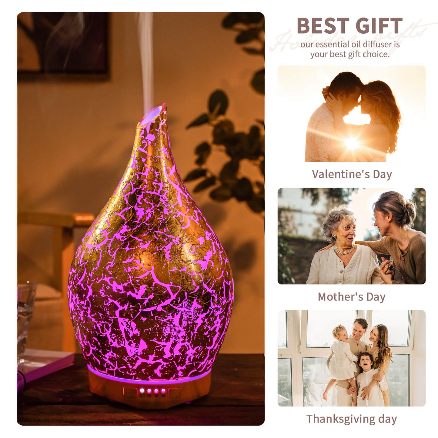 280ml Gold Plated Essential Oil Diffuser Glass Aromatherapy Ultrasonic Humidifier - Auto Shut-Off,Timer Setting, BPA Free for Home Hotel Yoga Leisure SPA Gift