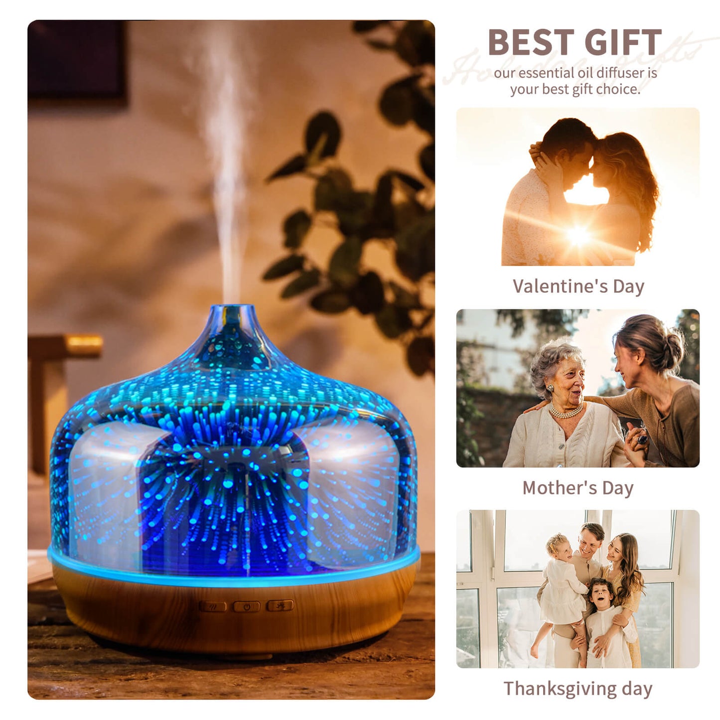 500ml Essential Oil Diffuser 3D Glass Aromatherapy Ultrasonic Humidifier - Auto Shut-Off,Timer Setting, BPA Free for Home Hotel Yoga SPA Gift