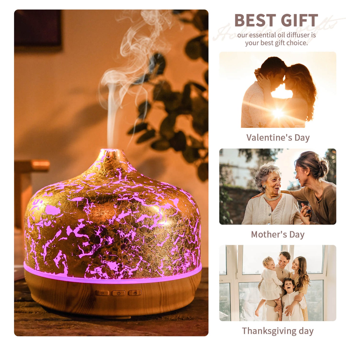 500ml Essential Oil Diffuser Gold Plated Glass Aromatherapy Ultrasonic Humidifier -Auto Shut-Off,Timer Setting, BPA Free for Home Hotel Yoga SPA Gift