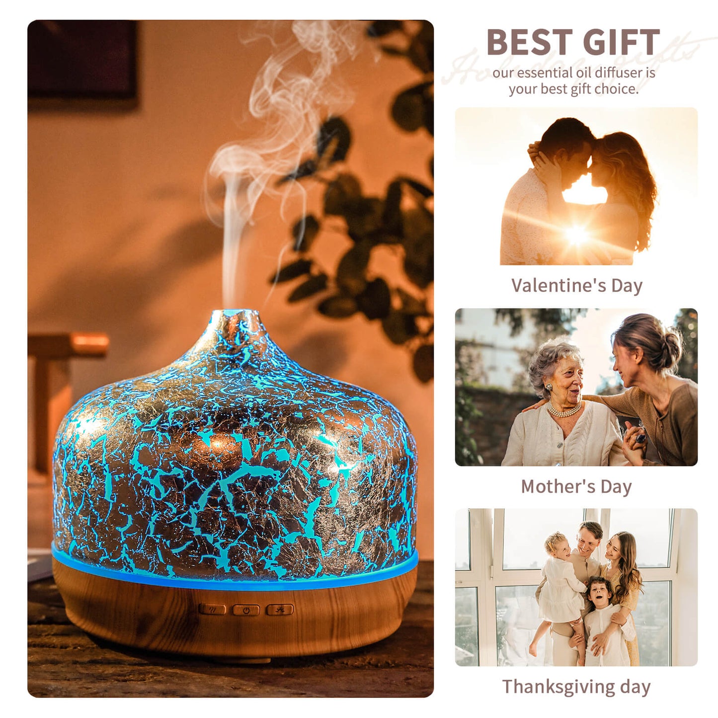 500ml Essential Oil Diffuser Silver Plated Glass Aromatherapy Ultrasonic Humidifier- Auto Shut-Off,Timer Setting, BPA Free for Home Hotel Yoga SPA Gift