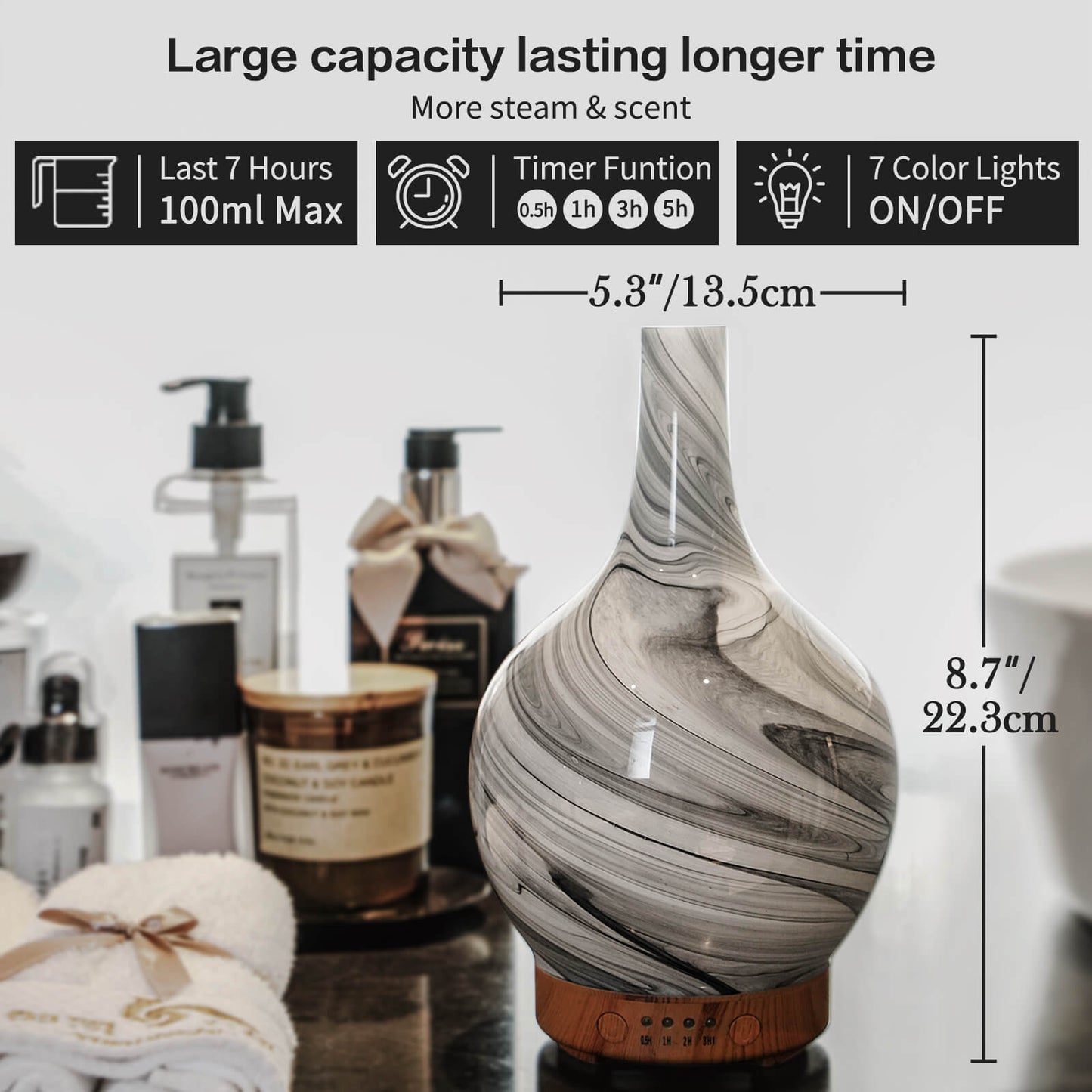 Porseme 100ml Essential Oil Diffuser Glass Color Changing Aroma Air Diffusers Aromatherapy Ultrasonic Cool Mist Humidifier 4 Running Hours Waterless Auto-Off for Sleeping, Yoga, Office, Spa (Ink)