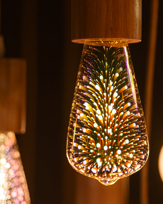 Porseme 3D Fireworks Decorative Light Bulb, E26 Base, 4W, AC100-240V, Glass bulbs with Soft Warm Light, Shiny Decor for Home, Bedroom, Party (Included 3-Pack ST64 Bulbs)