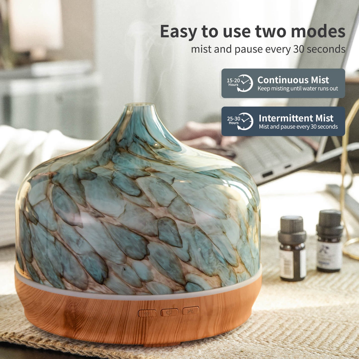Porseme 500ml Glass Essential Oil Diffuser Aromatherapy Ultrasonic Cool Mist Humidifier 15-21 Running Hours Waterless Auto-Off Air Diffusers for Sleeping,Yoga,Office Working,Spa and Rest(Light Blue)