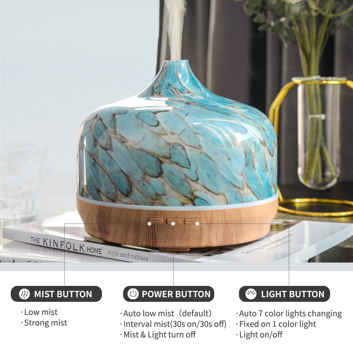 Porseme 500ml Glass Essential Oil Diffuser Aromatherapy Ultrasonic Cool Mist Humidifier 15-21 Running Hours Waterless Auto-Off Air Diffusers for Sleeping,Yoga,Office Working,Spa and Rest(Light Blue)