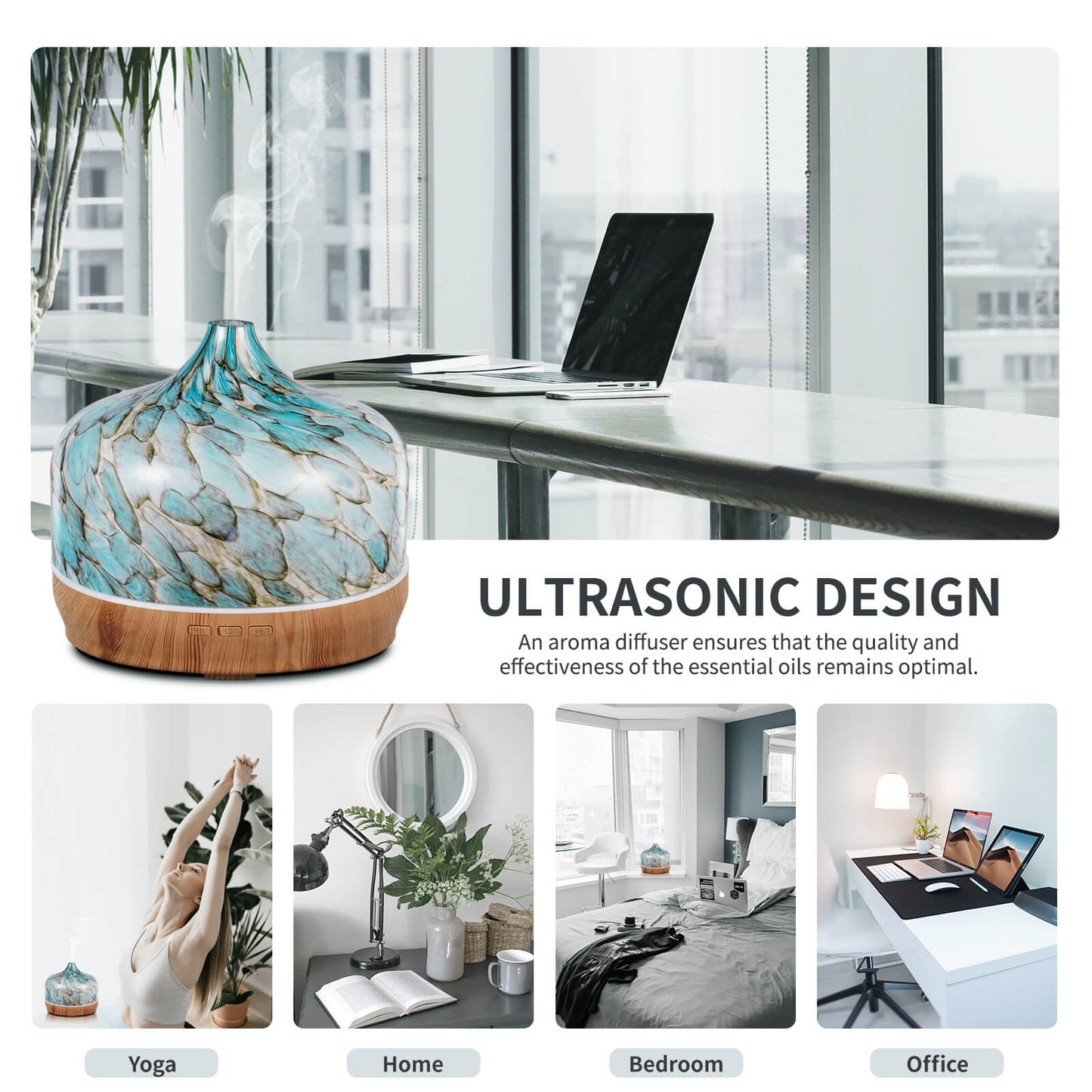 Porseme 500ml Glass Essential Oil Diffuser Aromatherapy Ultrasonic Cool Mist Humidifier 15-21 Running Hours Waterless Auto-Off Air Diffusers for Sleeping,Yoga,Office Working,Spa and Rest(Light Blue)