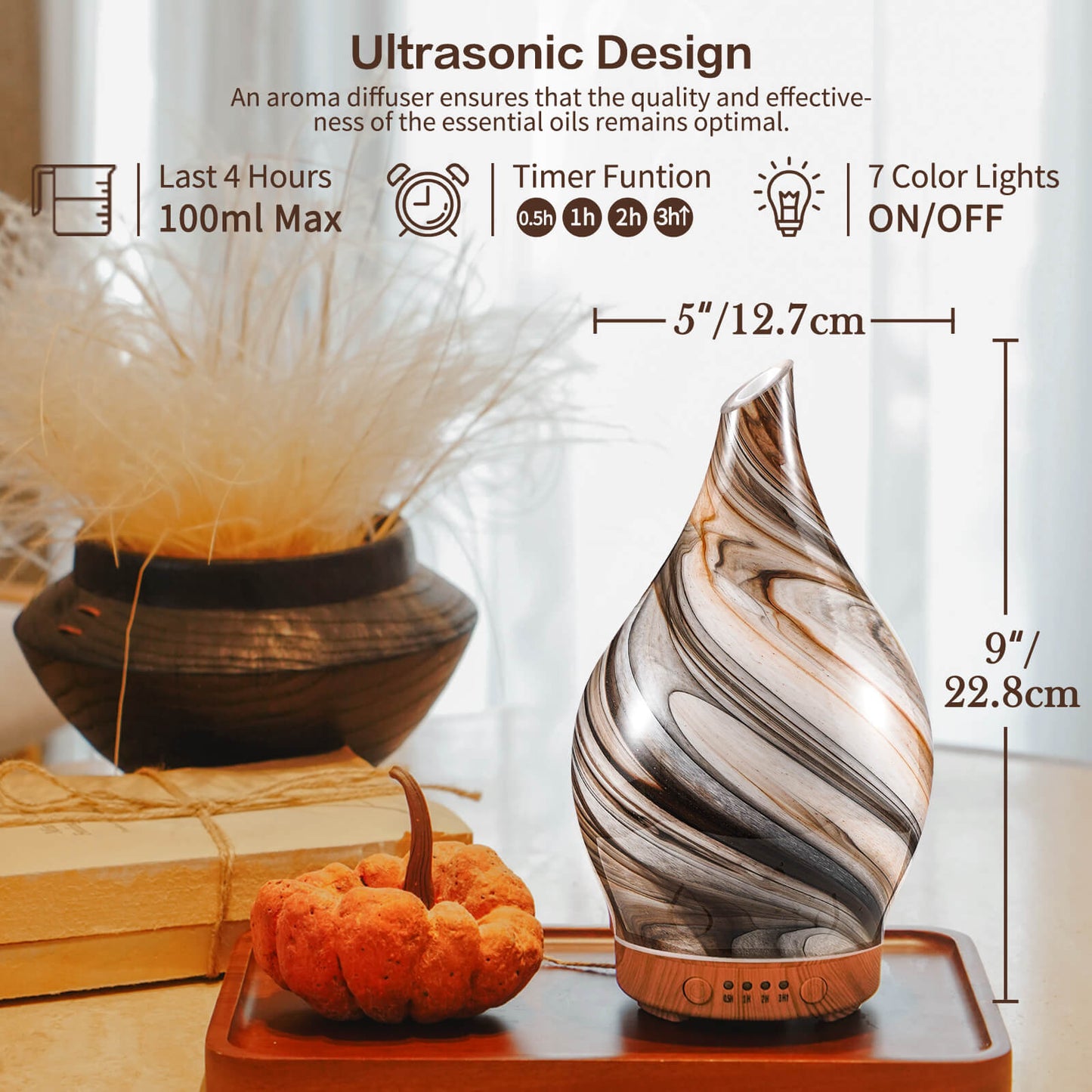 Porseme 100ml Glass Essential Oil Diffuser Aromatherapy Ultrasonic Cool Mist Humidifier 4 Running Hours Waterless Auto-Off Air Diffusers for Sleeping,Yoga,Office Working Spa and Rest (Deep Desert)