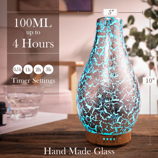 Porseme 100ml Silver-Plated Volcano Essential Oil Diffuser 3D Glass - Elegant and Effective Aromatherapy with 7 Color Changing LEDs and Waterless Auto-Off BPA Free for Home Yoga Leisure SPA Gift 100ml