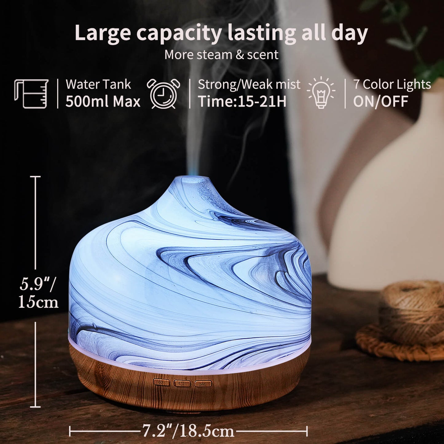 Porseme 500ml Glass Essential Oil Diffuser Aromatherapy Ultrasonic Cool Mist Humidifier 15-21 Running Hours Waterless Auto-Off Air Diffusers for Sleeping,Yoga,Office Working,Spa and Rest (Ink)