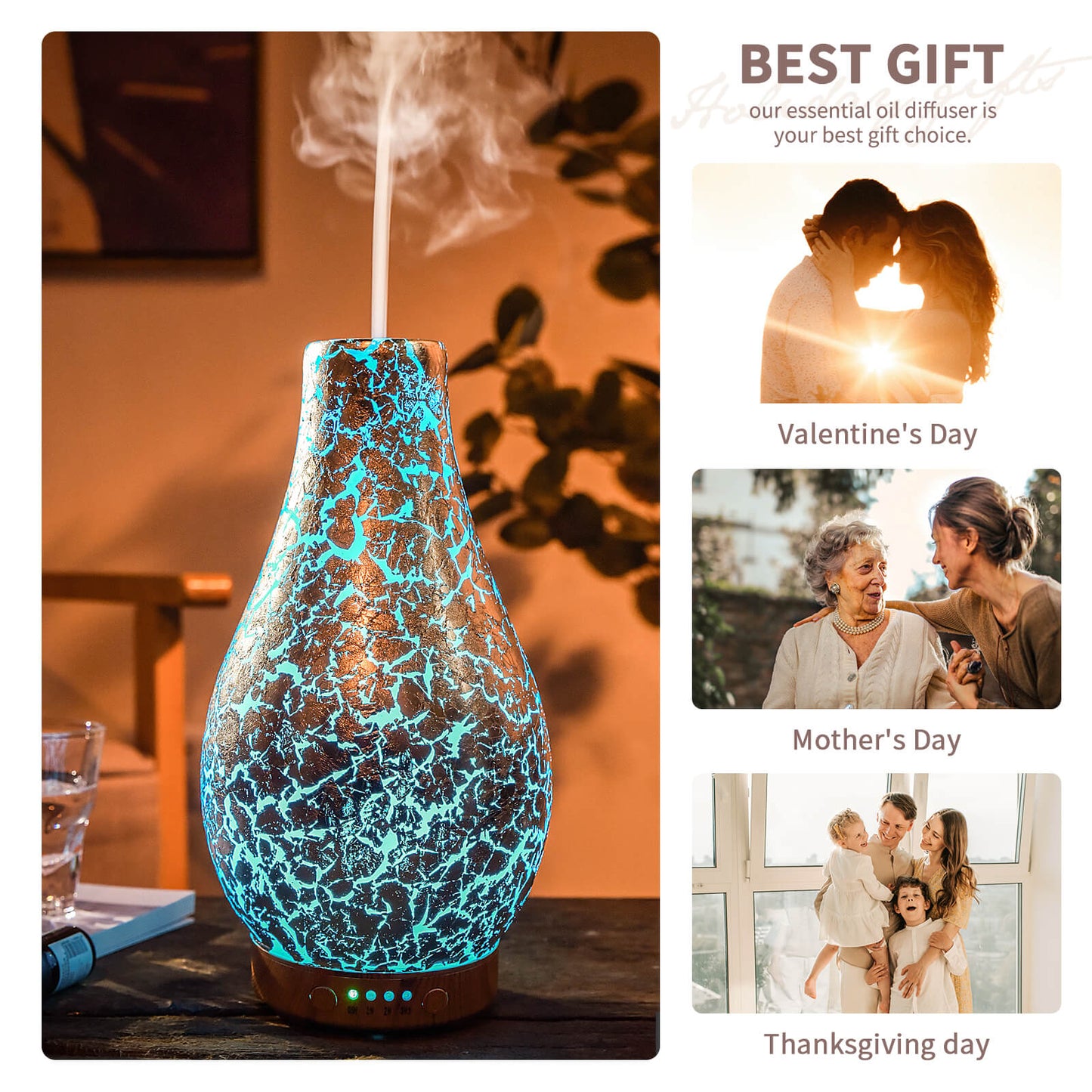 Porseme 100ml Silver-Plated Volcano Essential Oil Diffuser 3D Glass - Elegant and Effective Aromatherapy with 7 Color Changing LEDs and Waterless Auto-Off BPA Free for Home Yoga Leisure SPA Gift 100ml