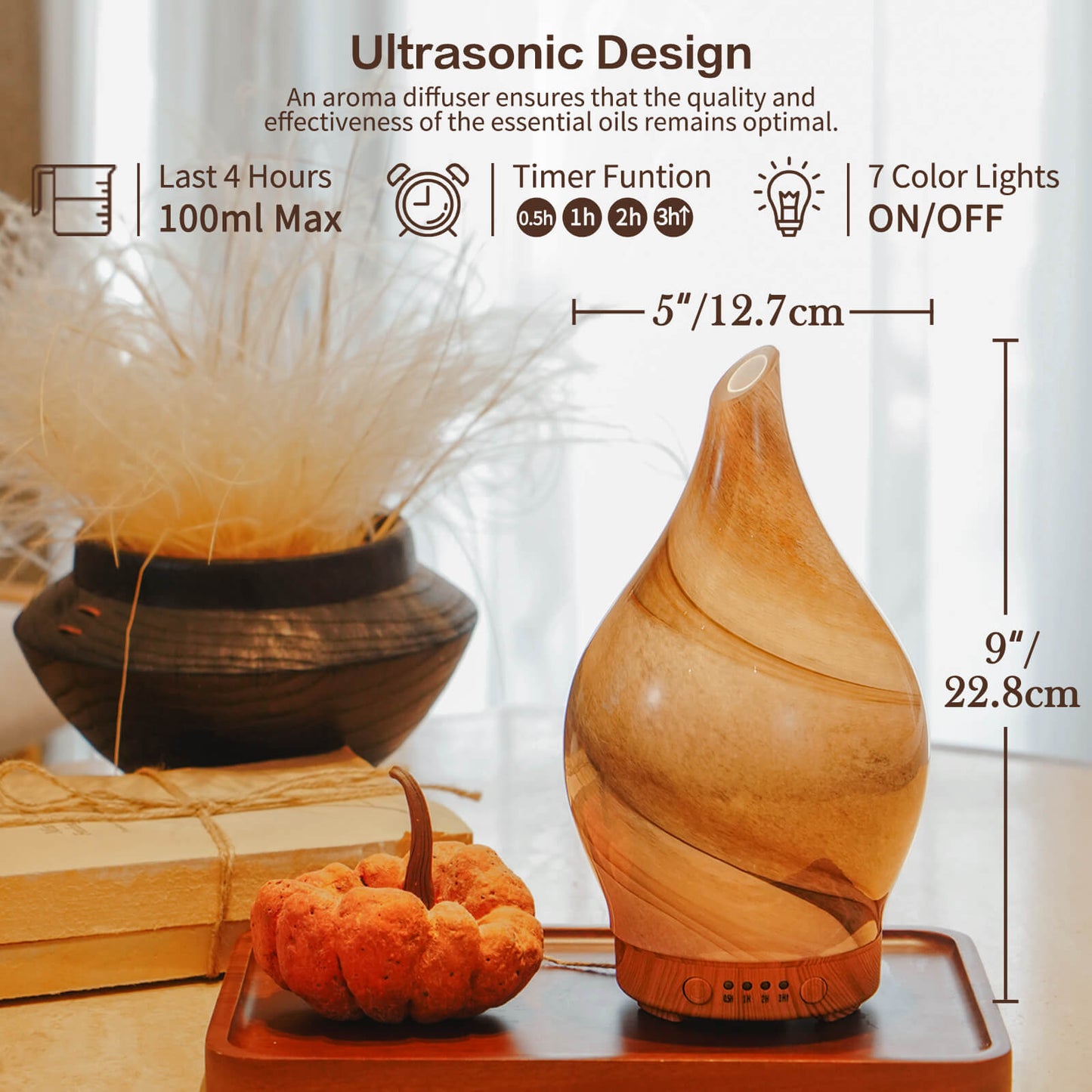 Porseme 100ml Essential Oil Diffuser Glass Color Changing Aroma Air Diffusers Aromatherapy Ultrasonic Cool Mist Humidifier 4 Running Hours Waterless Auto-Off for Sleeping, Yoga, Office, Spa (Desert)