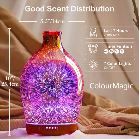 ColourMagic280ml Essential Oil Diffuser 3D Glass Aromatherapy Ultrasonic Humidifier - Auto Shut-Off, Timer Setting, BPA Free for Home Hotel Yoga Leisure SPA Gift