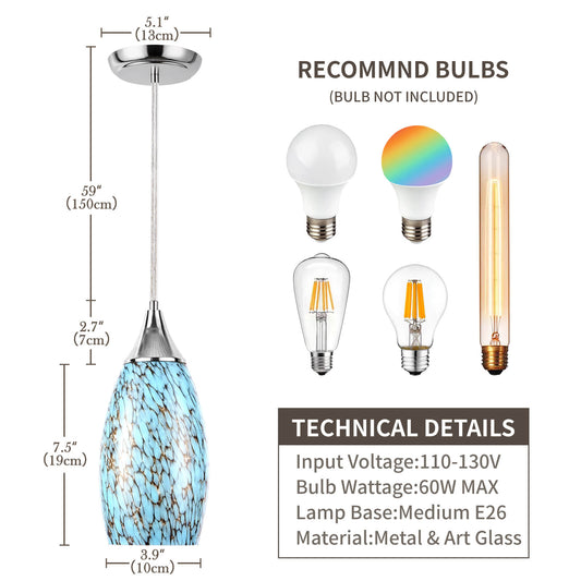 Porseme Pendant Light Features Kitchen Island Hanging Lamp with Plug-in Adjustable Cord Handcraft Art Glass Shade E26 Socket Bulb Included for Home Kitchen Sink Make-up Table Counter