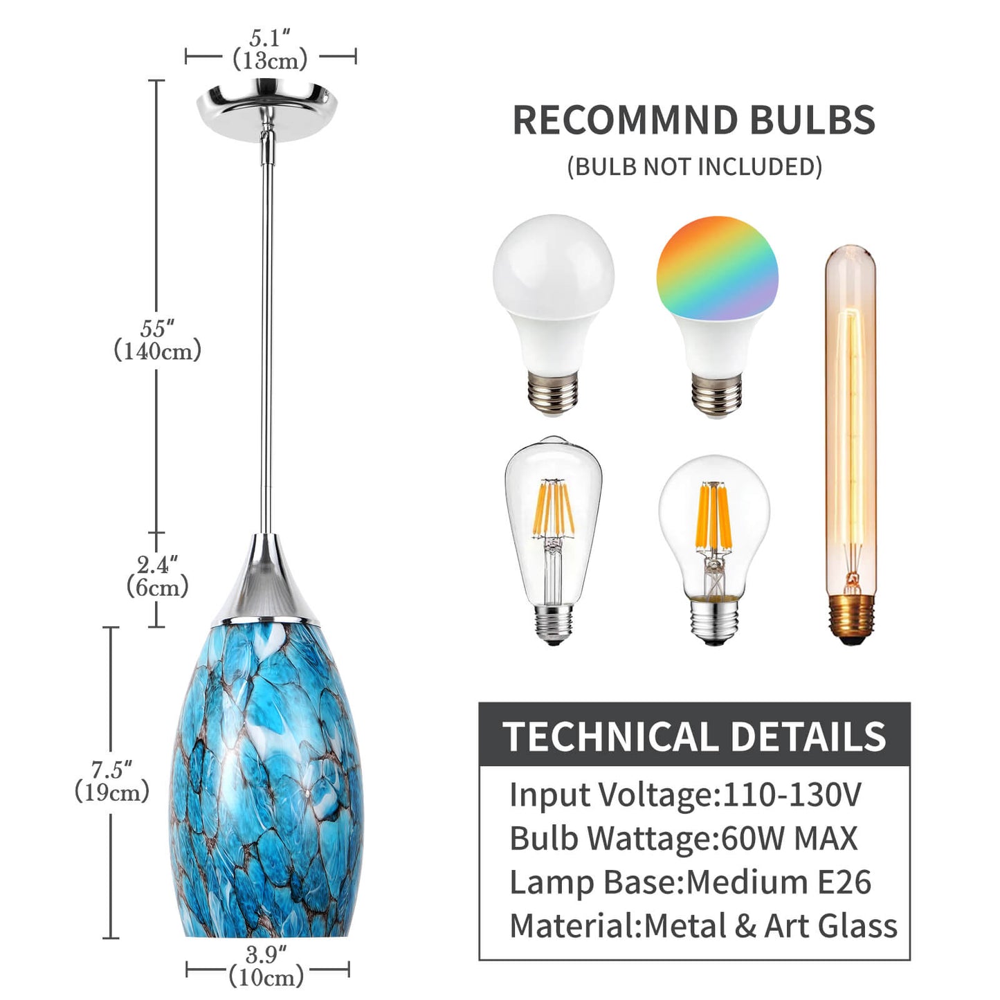 Porseme Pendant Light Features Kitchen Island Hanging Lamp with Plug-in Adjustable Rod Handcraft Art Glass Shade E26 Socket for Home Kitchen Sink Counter Make-up Table (Blue)