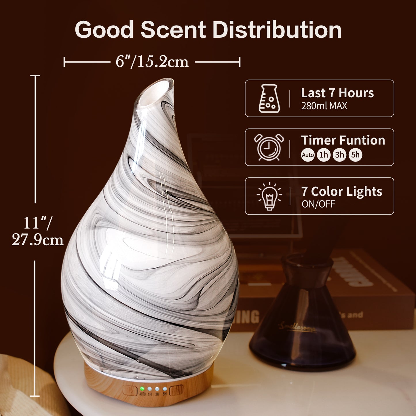 Porseme 280ml Essential Oil Diffuser Glass Color Changing Aroma Air Diffusers Aromatherapy Ultrasonic Cool Mist Humidifier 7 Running Hours Waterless Auto-Off for Sleeping, Yoga, Office, Spa (Ink)