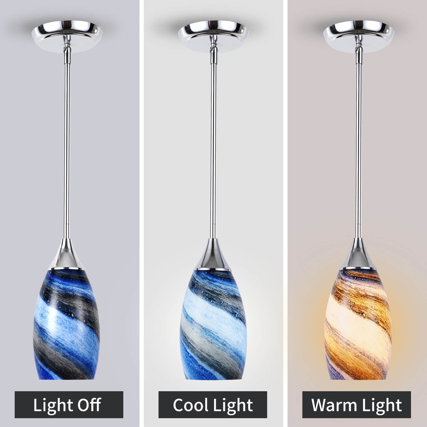 Porseme Pendant Light Features Kitchen Island Hanging Lamp with Plug-in Adjustable Rod Handcraft Art Glass Shade E26 Socket for Home Kitchen Sink Counter Make-up Table