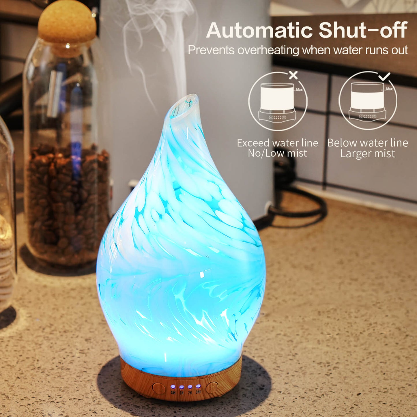 Porseme 100ml Essential Oil Diffuser Glass Color Changing Aroma Air Diffusers Aromatherapy Ultrasonic Cool Mist Humidifier 4 Running Hours Waterless Auto-Off for Sleeping Yoga Office Spa (Blue Wave)