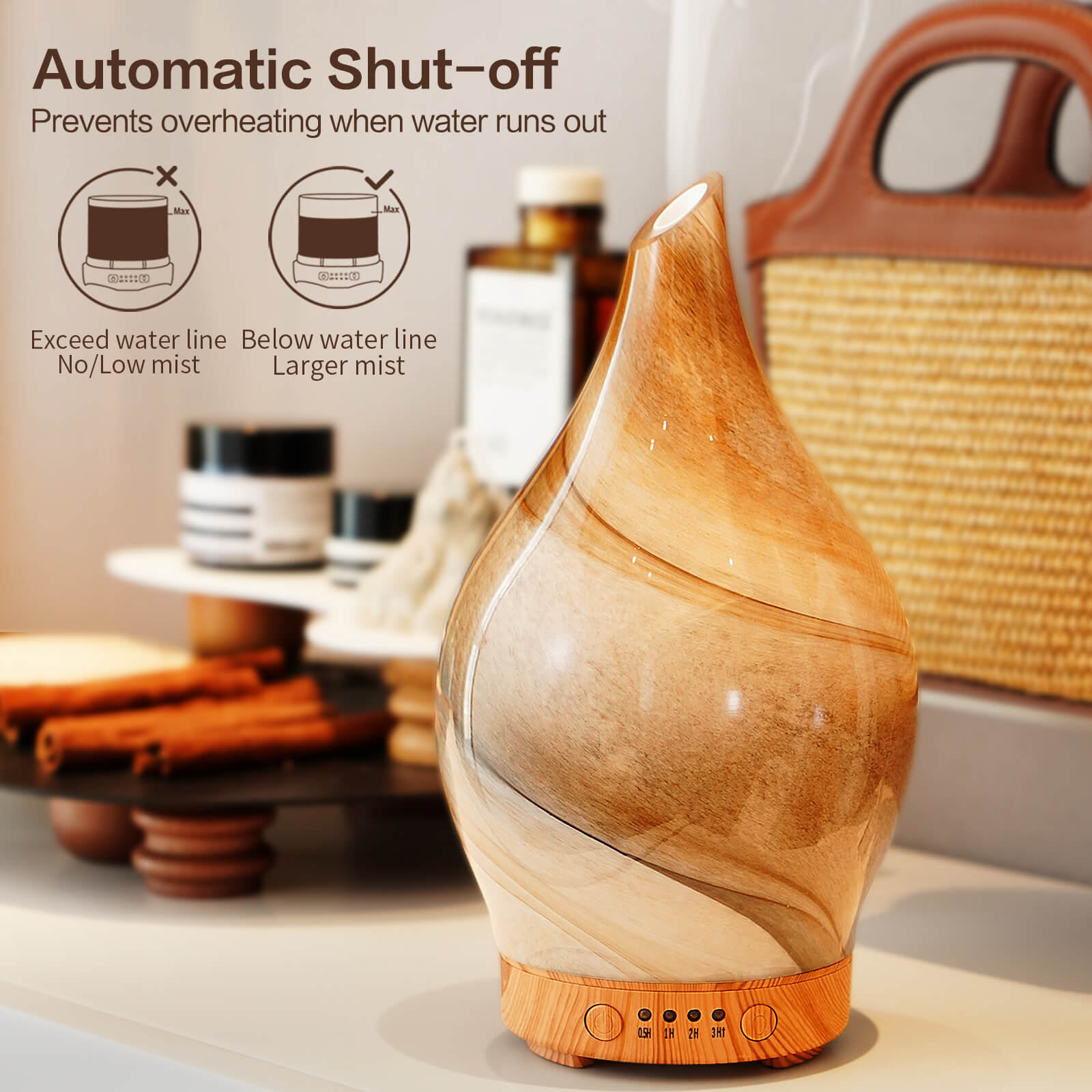 280ml Glass Essential Oil Diffuser Wood Grain Base Air Aroma Diffuser for  Aromatherapy Cool Mist Humidifier with Safe Auto Shut-off and 2 Mist Modes  