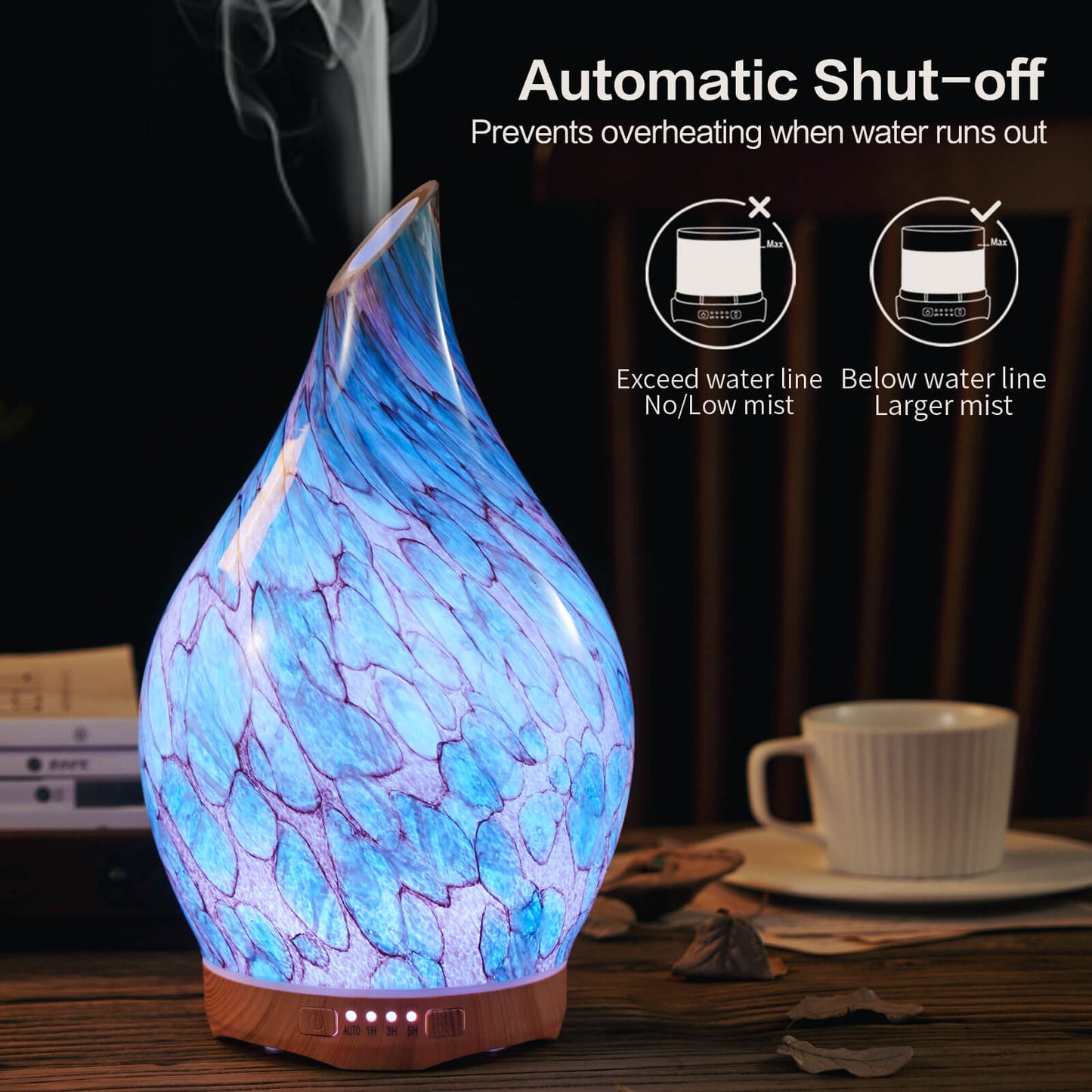 Porseme 280ml Essential Oil Diffuser Glass Color Changing Aroma Air Diffusers Aromatherapy Ultrasonic Cool Mist Humidifier with Remote Control 7 Running Hours Waterless Auto-Off (Light Blue)
