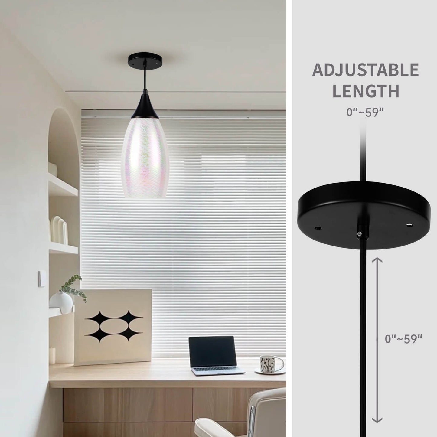 Porseme Pendant Light Features Kitchen Island Hanging Lamp with Plug-in Adjustable Black Cord Handcraft Art Glass Shade E26 Socket for Home Kitchen Sink Counter Make-up Table (White)